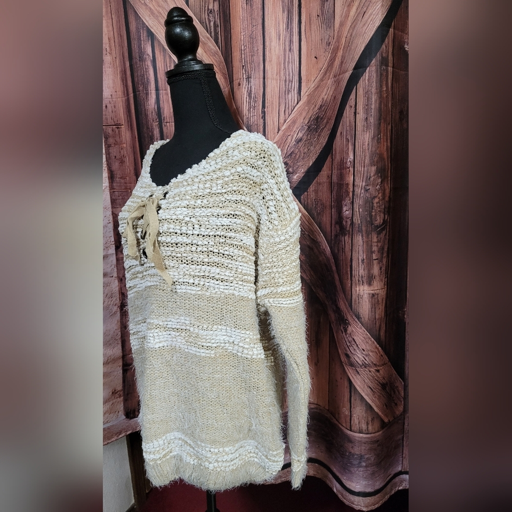 Ivory Fuzzy Relax Fit Front Tie Tunic Sweater Dress (L/XL) - Picture 2 of 7